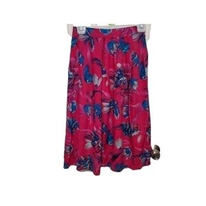 Vintage 80s Pretense Pleated Midi Flowy Skirt Floral Print Pink and Blue Size XS